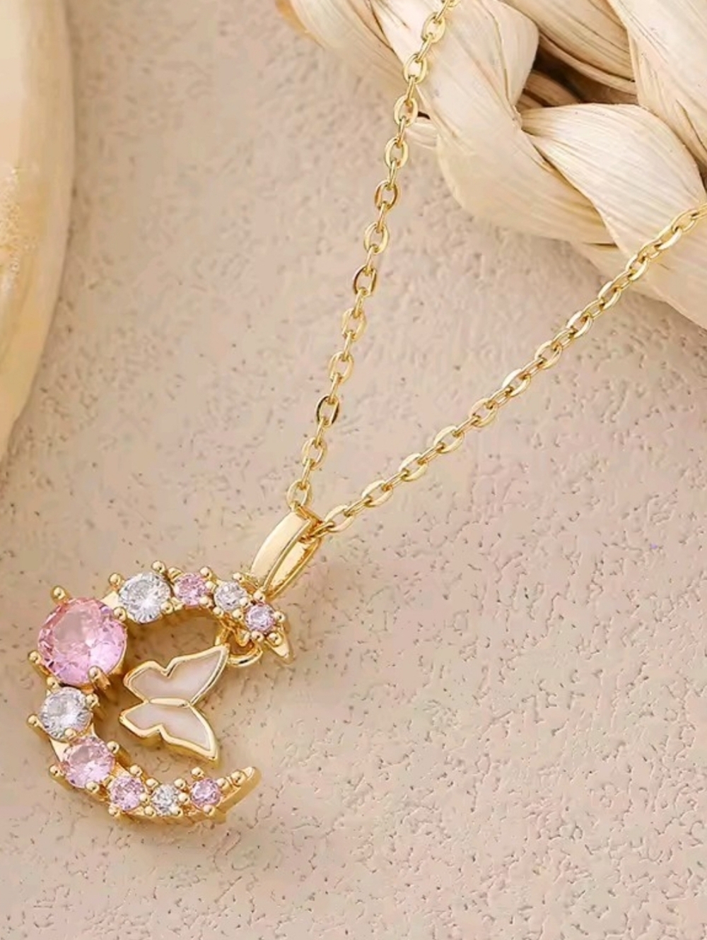 Gold Tone Crescent Moon & Butterfly Necklace Pink Crystal Celestial Pendant